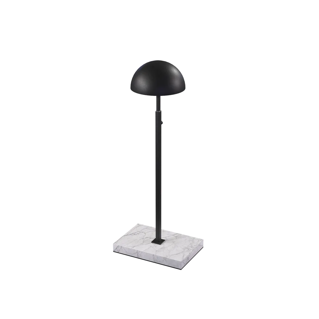 Hat display stand, for displaying hats and caps, black powder-coated steel with marble-look base