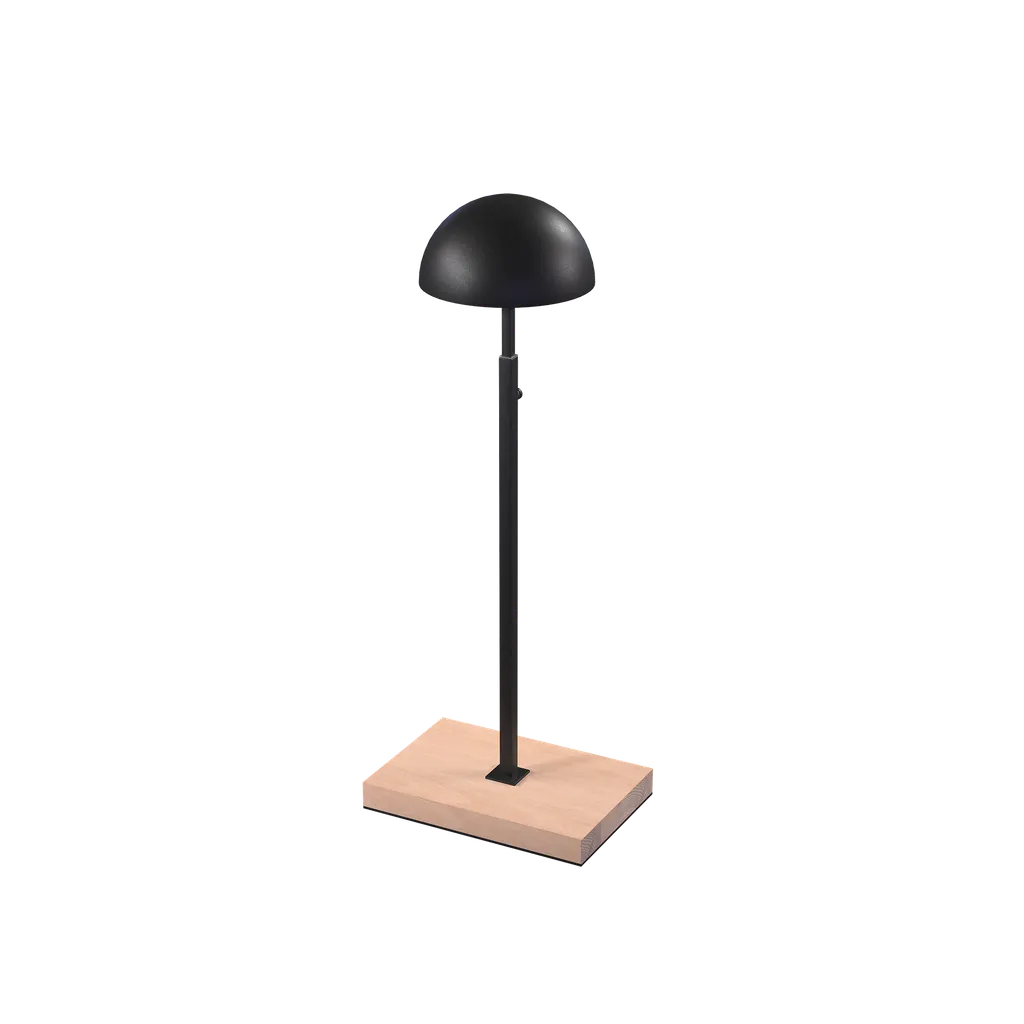 Hat display stand, for displaying hats and caps, black powder-coated steel with wooden base