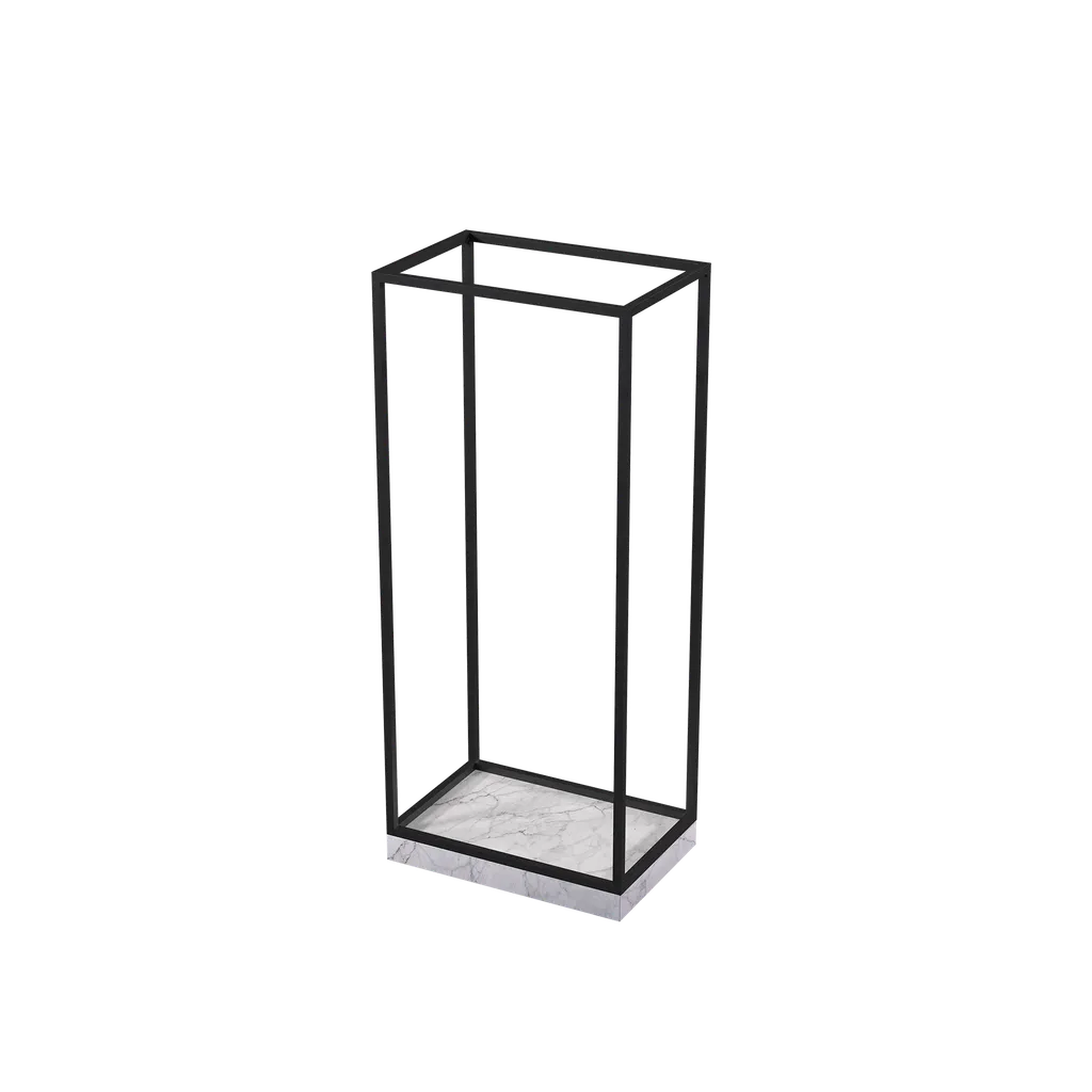 Universal accessories display, for displaying (hand)bags, scarves, jewelry, glasses, shoes, black powder-coated steel with marble-look base