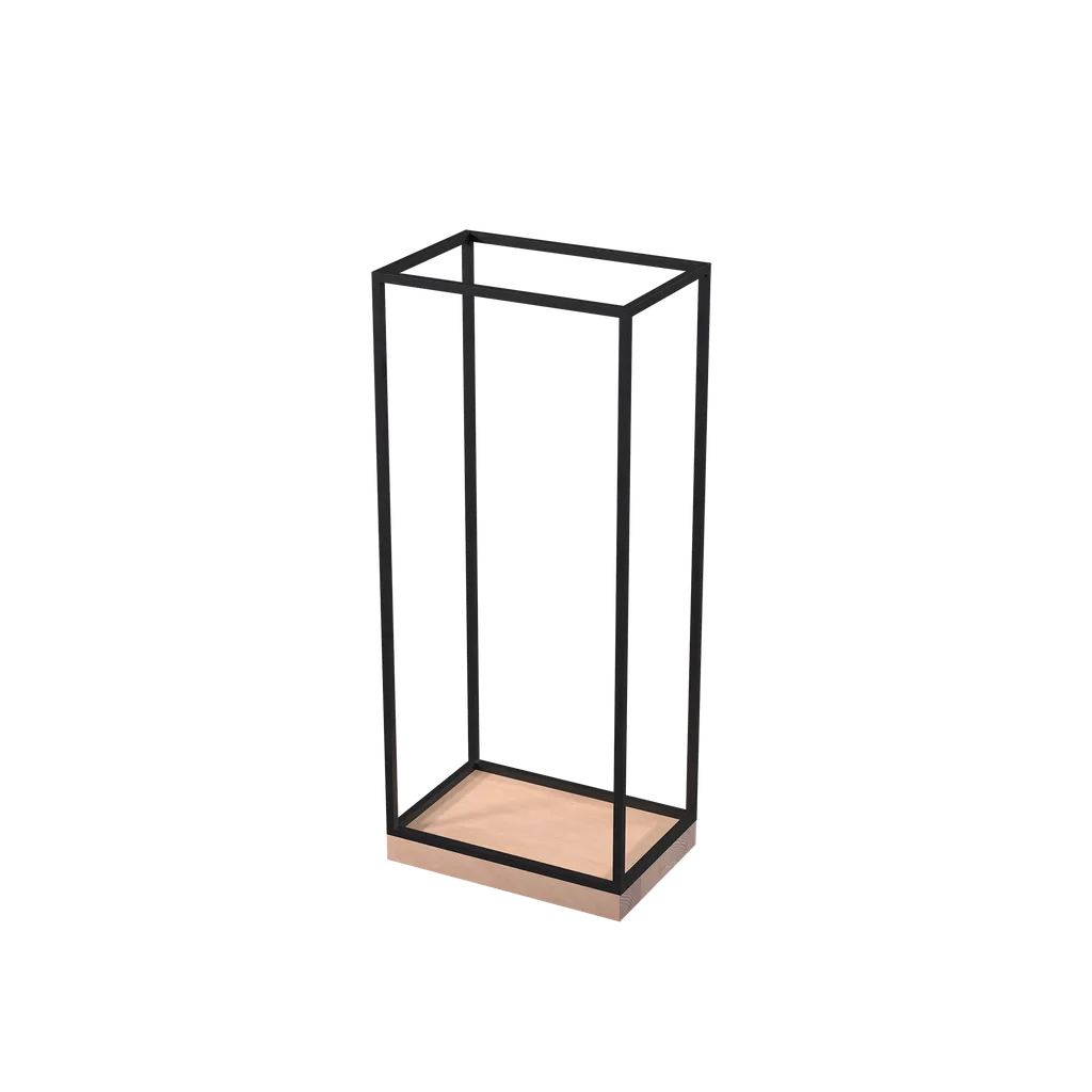 Universal accessories display, for displaying (hand)bags, scarves, jewelry, glasses, shoes, black powder-coated steel with wooden base