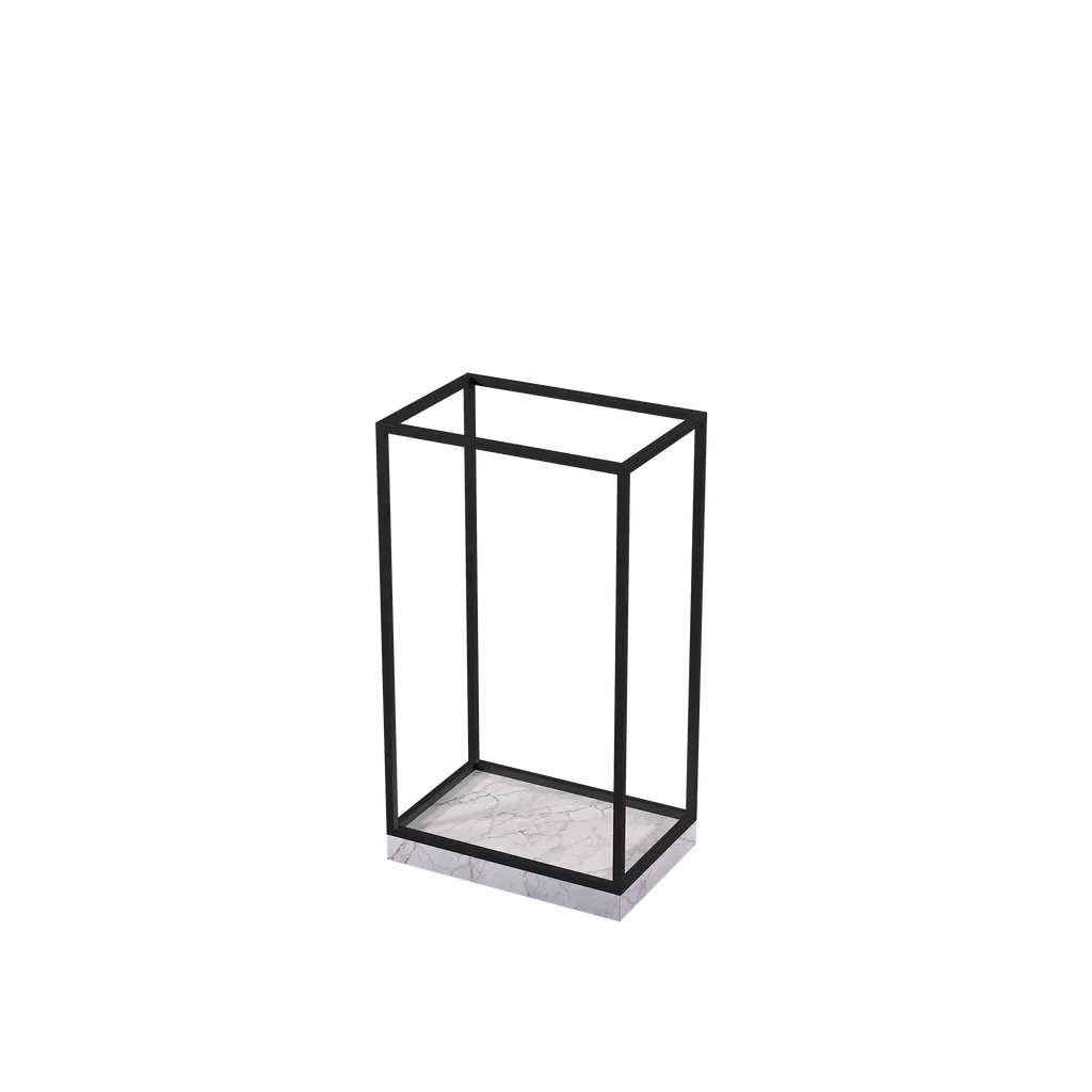 Universal accessories display, for displaying (hand)bags, scarves, jewelry, glasses, shoes, black powder-coated steel with marble-look base