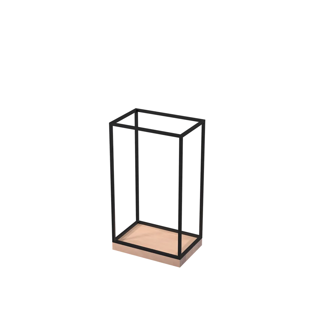 Universal accessories display, for displaying (hand)bags, scarves, jewelry, glasses, shoes, black powder-coated steel with wooden base