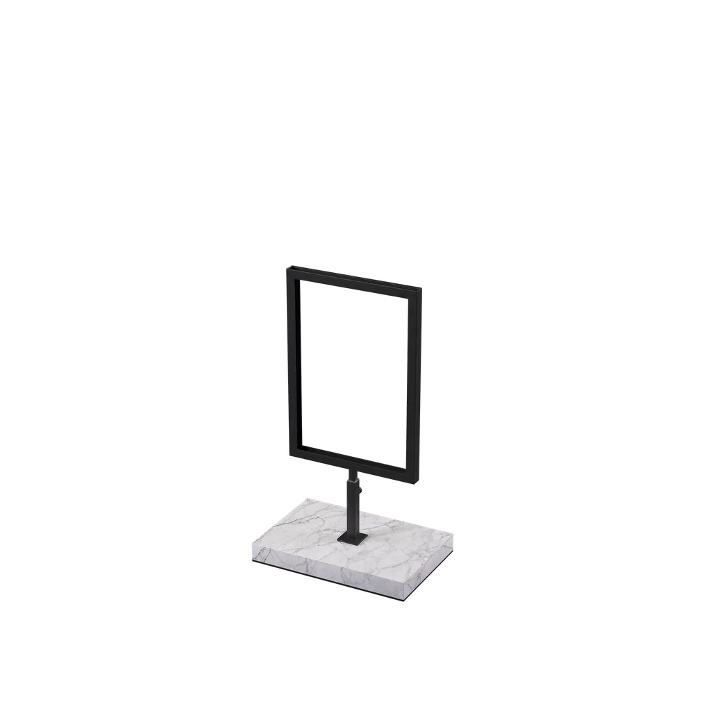 A5 info display, adjustable height, black powder-coated steel with marble-look base