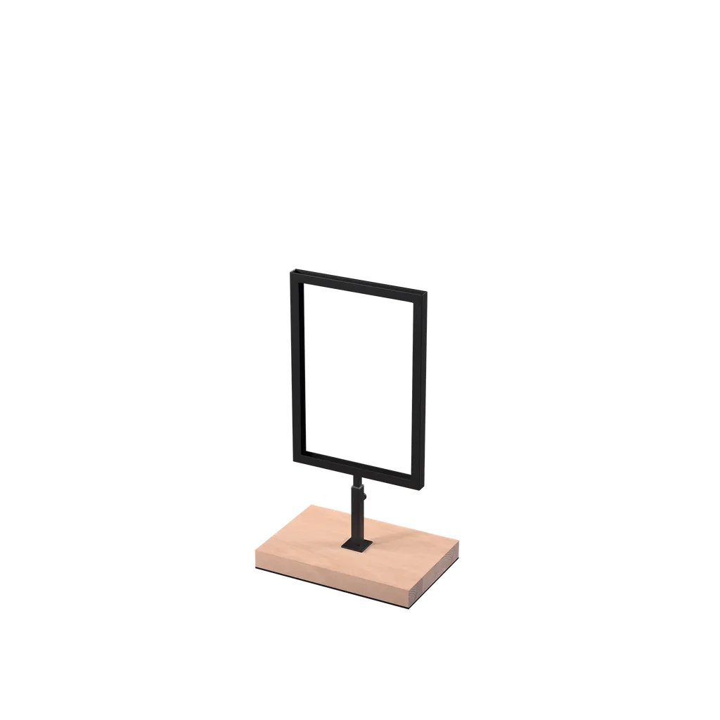 A5 info display, adjustable height, black powder-coated steel with wooden base