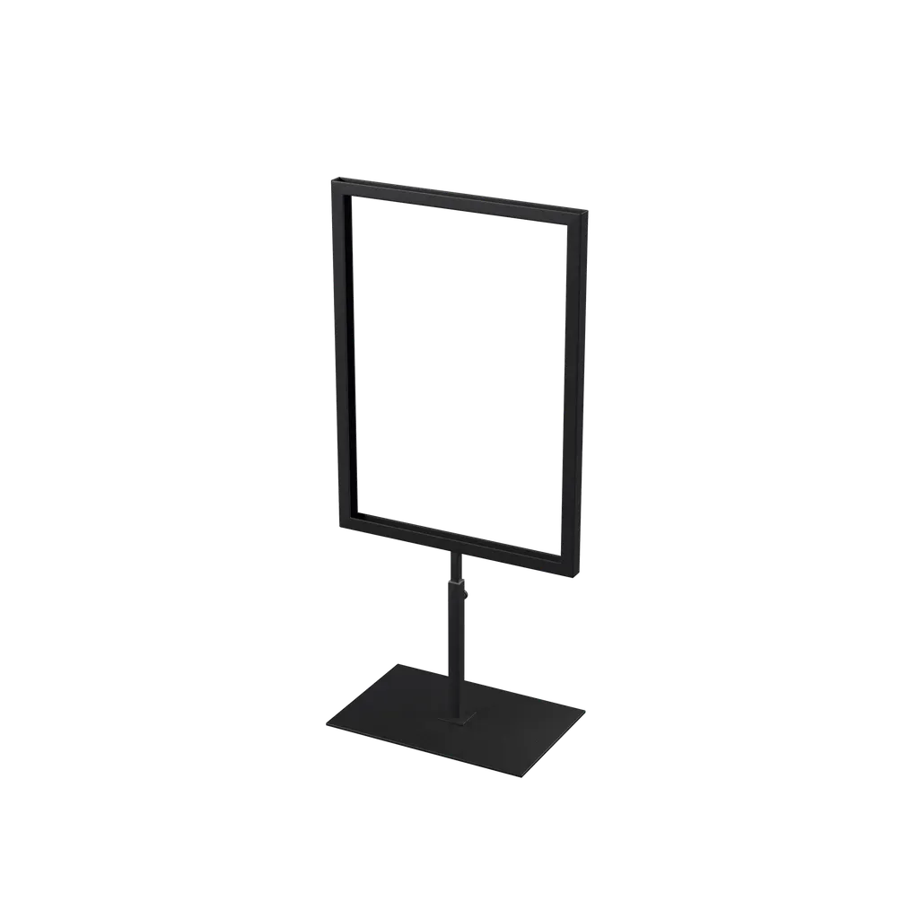 A4 info display, adjustable height, black powder-coated steel