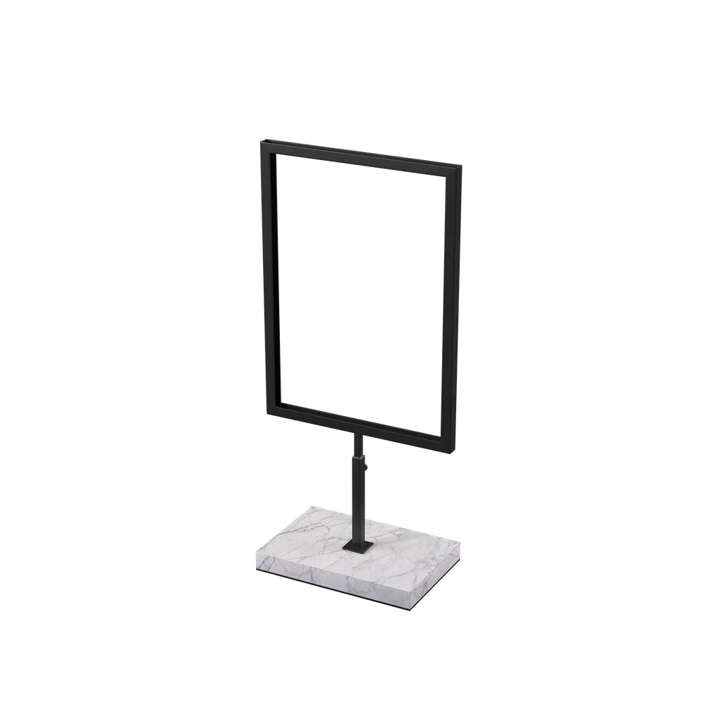 A4 info display, adjustable height, black powder-coated steel with marble base