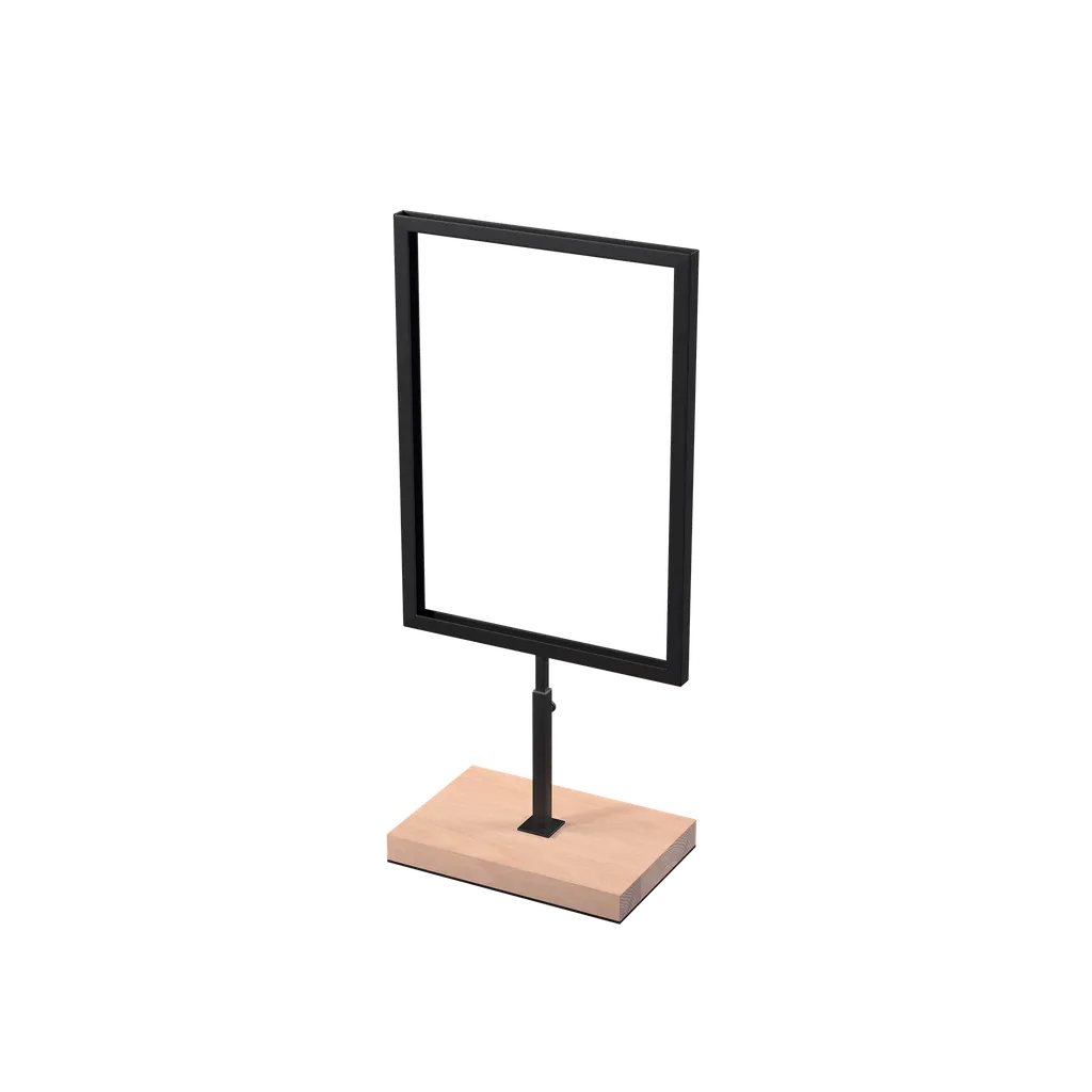 A4 info display, adjustable height, black powder-coated steel with wooden base