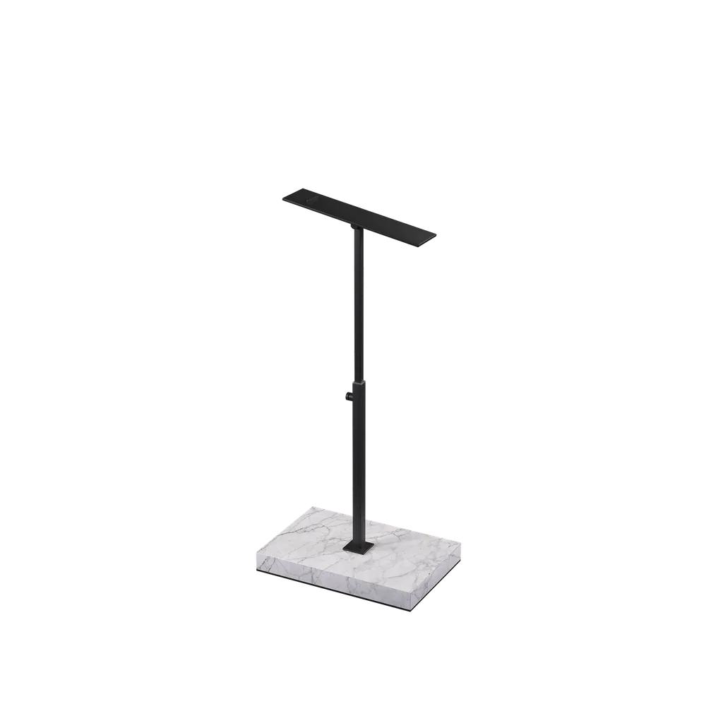 Shoe stand, adjustable height, black powder-coated steel with marble-look base