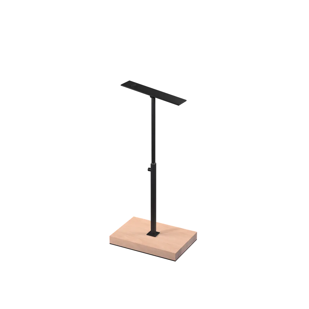 Shoe stand, adjustable height, black powder-coated steel with wooden base