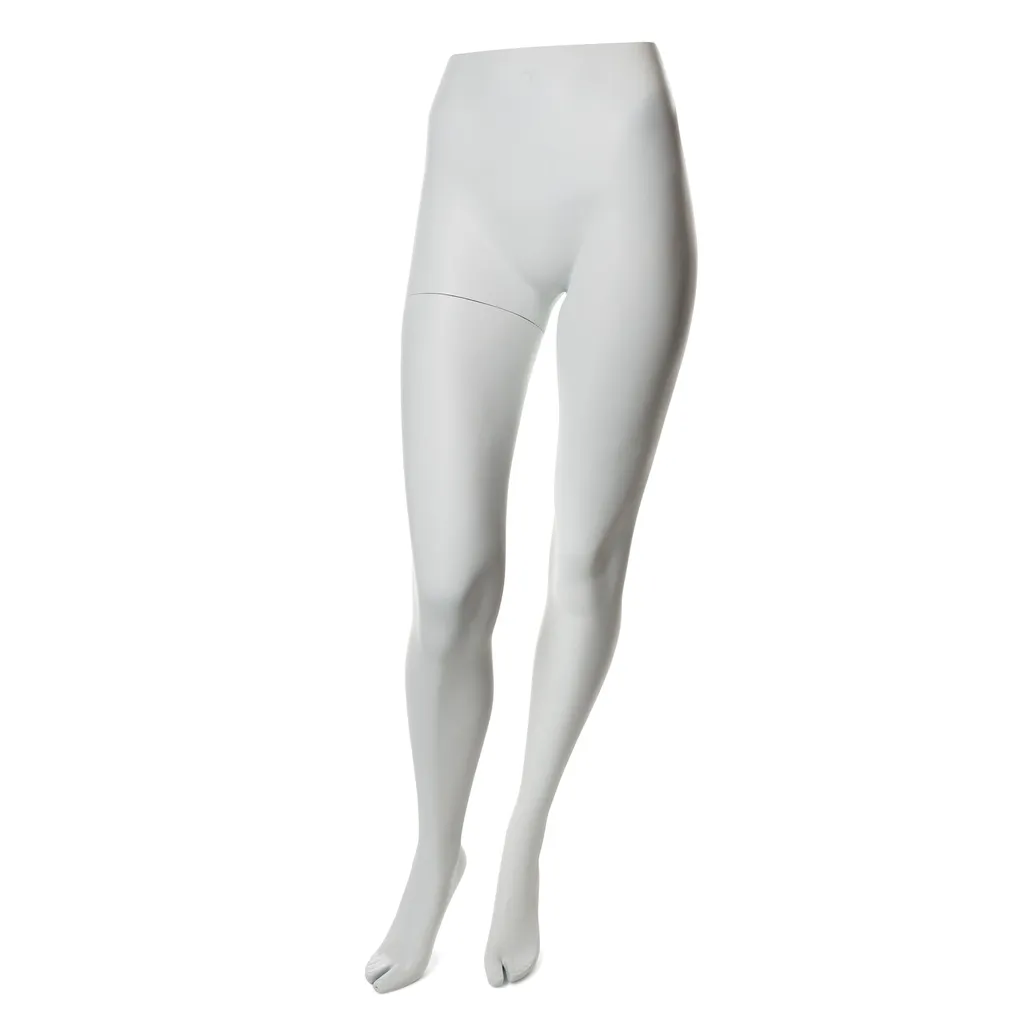 Présentoir pantalon blanc pour femme, avec socle en métal laqué carré, avec pin de pied et de mollet, pose 1