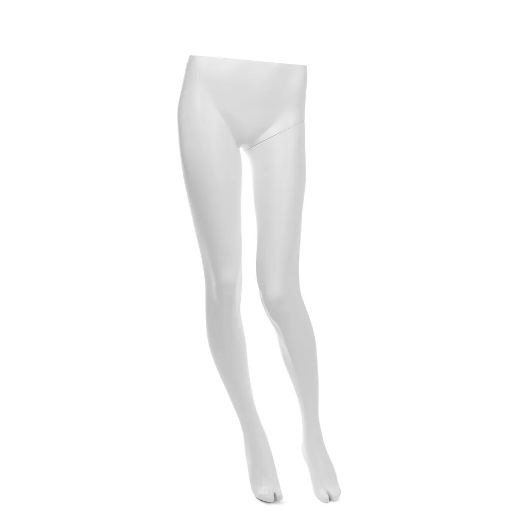 White trouser display for women, including round glass base plate, including foot and calf pin, pose 21