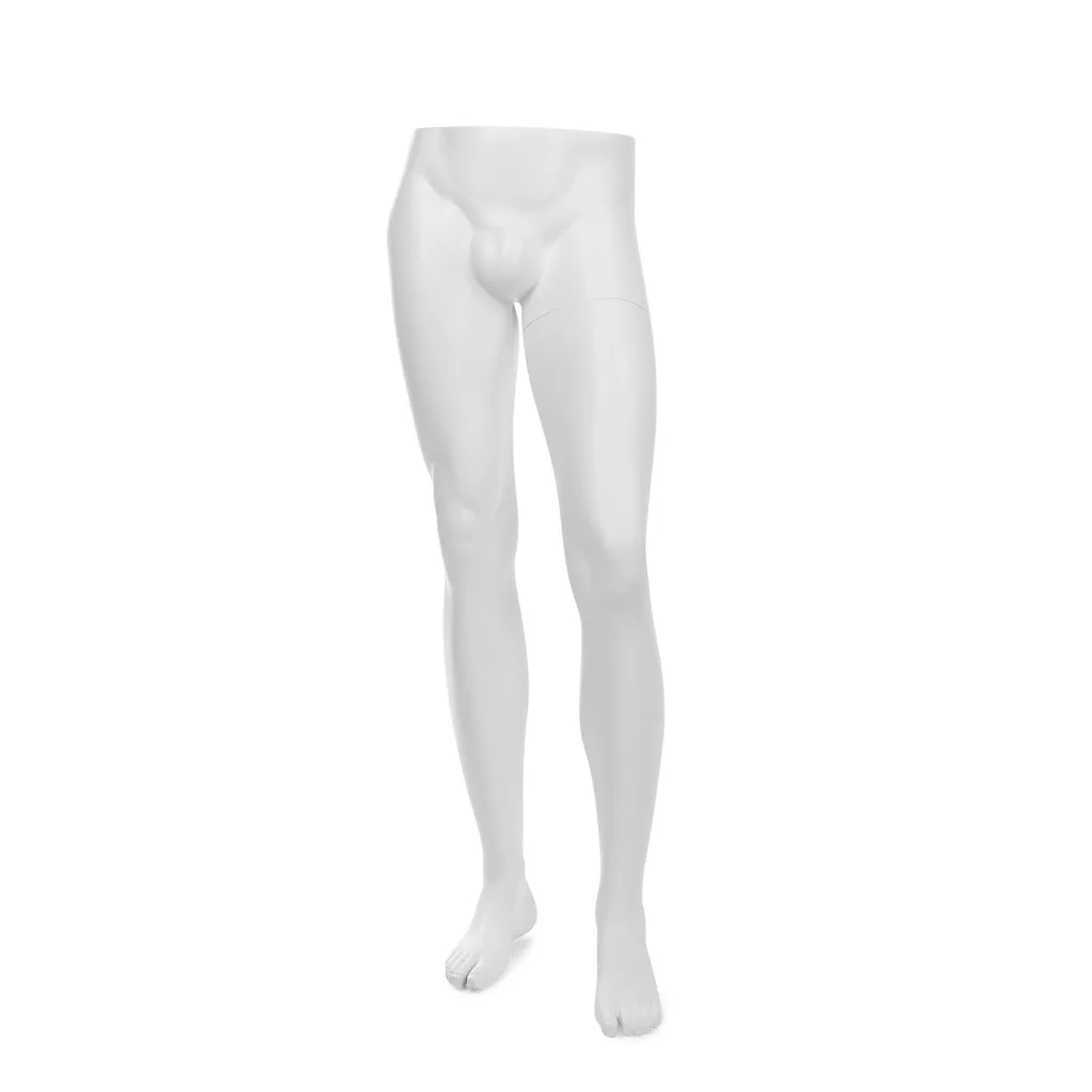 Présentoir pantalon blanc pour homme, avec socle en verre rond, avec pin de pied et de mollet, pose 23