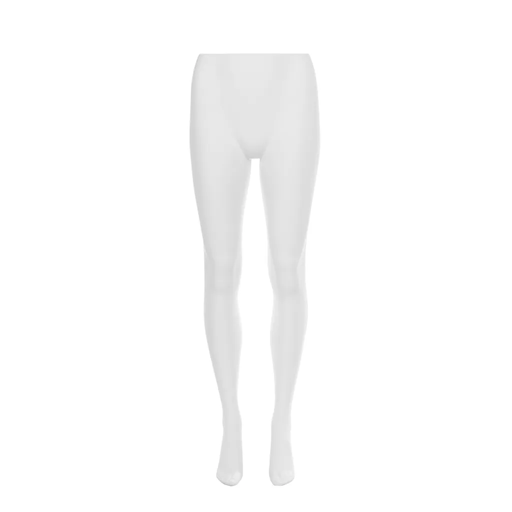 White trouser display for women, including round glass base plate, including foot and calf pin, pose 28