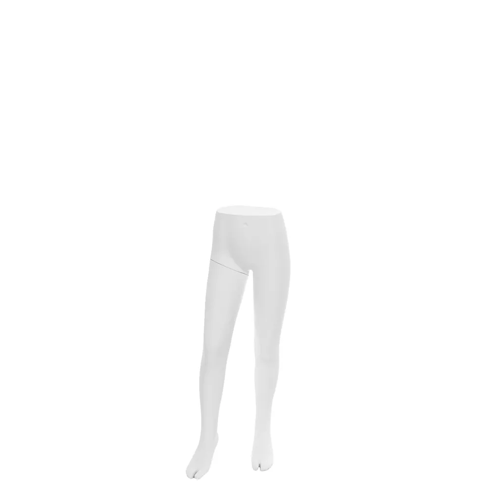 White trouser display for children, age 6, including round glass base plate, including foot and calf pin, pose 6