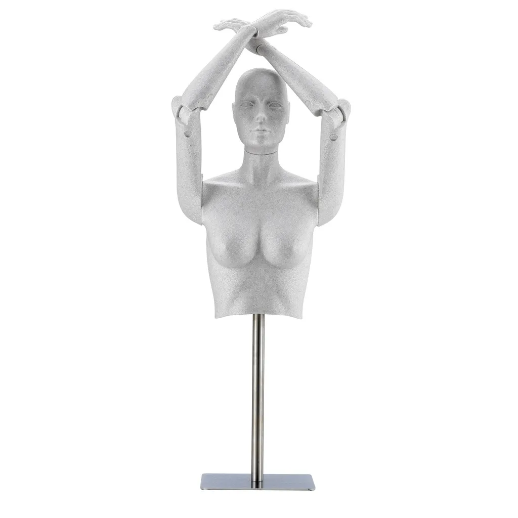 Flexible women's bust, silver gray, including rectangular chrome stand, including neck cap