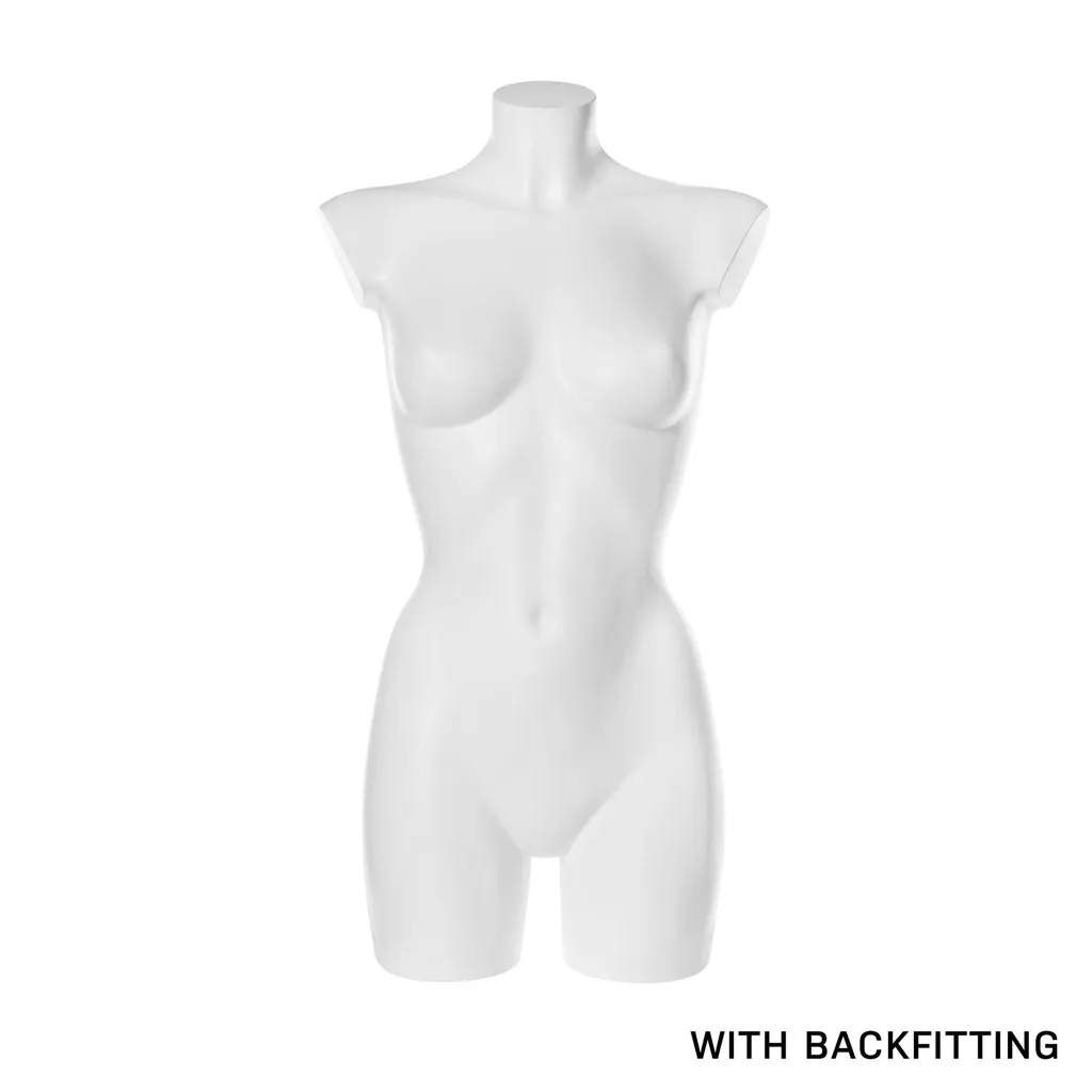 Torso femenino de plástico, copa B, plástico blanco reciclable, con conexión trasera, pose 2005DB_WH.