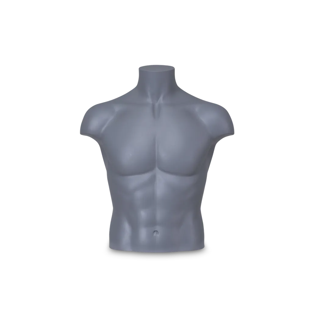 Torso masculino, modelo corto, plástico reciclable gris, pose MSLBUL_GR.