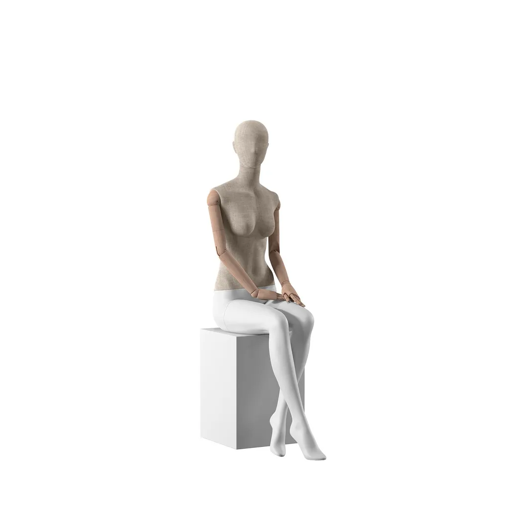 Vintage mannequin, female, wooden arms, covered with fabric, seated pose 05