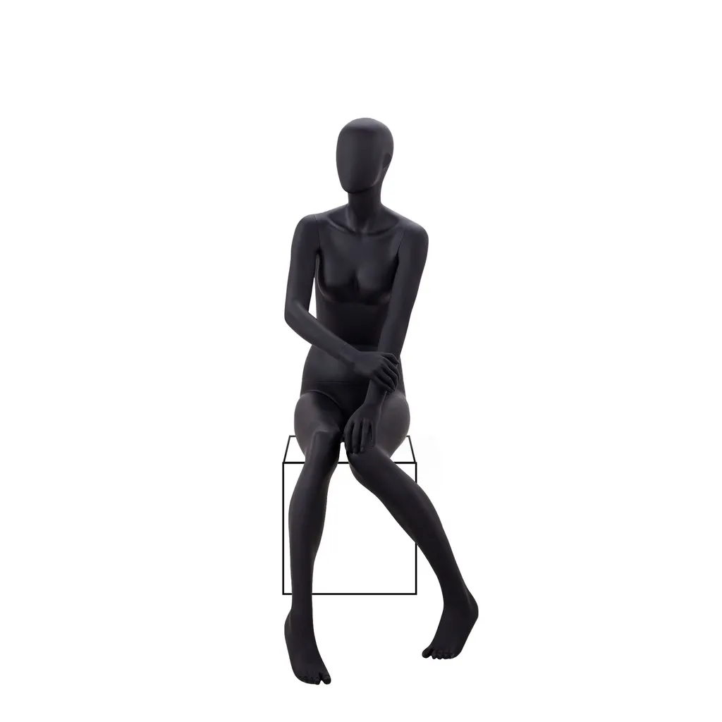 Black female window mannequin, abstract head, round glass base, pose 11