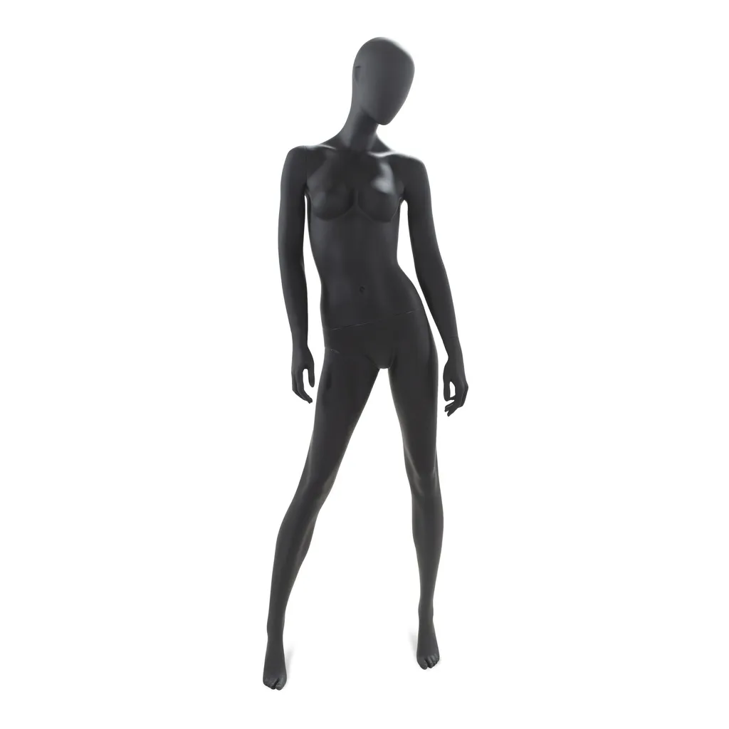 Mannequin de vitrine femme noir, avec tête abstraite, socle rond en verre, pose 13