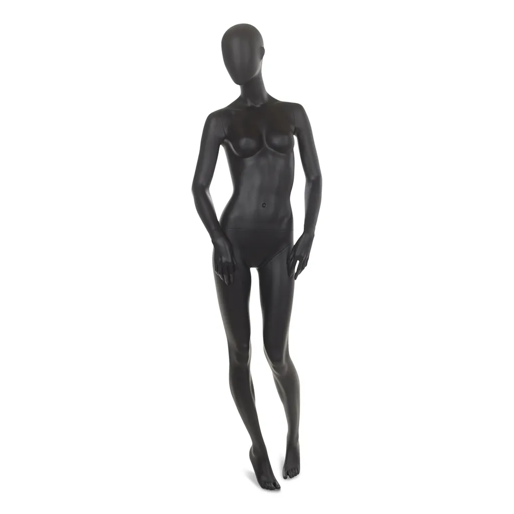 Zwarte dames mannequin, met abstract hoofd, glazen ronde voetplaat, pose 2