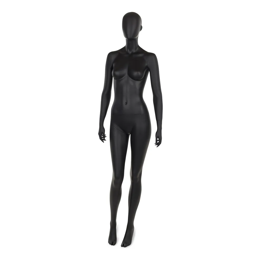 Black female window mannequin, abstract head, round glass base, pose 8