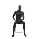 Mannequin de vitrine homme noir, avec tête abstraite, socle rond en verre, pose 23