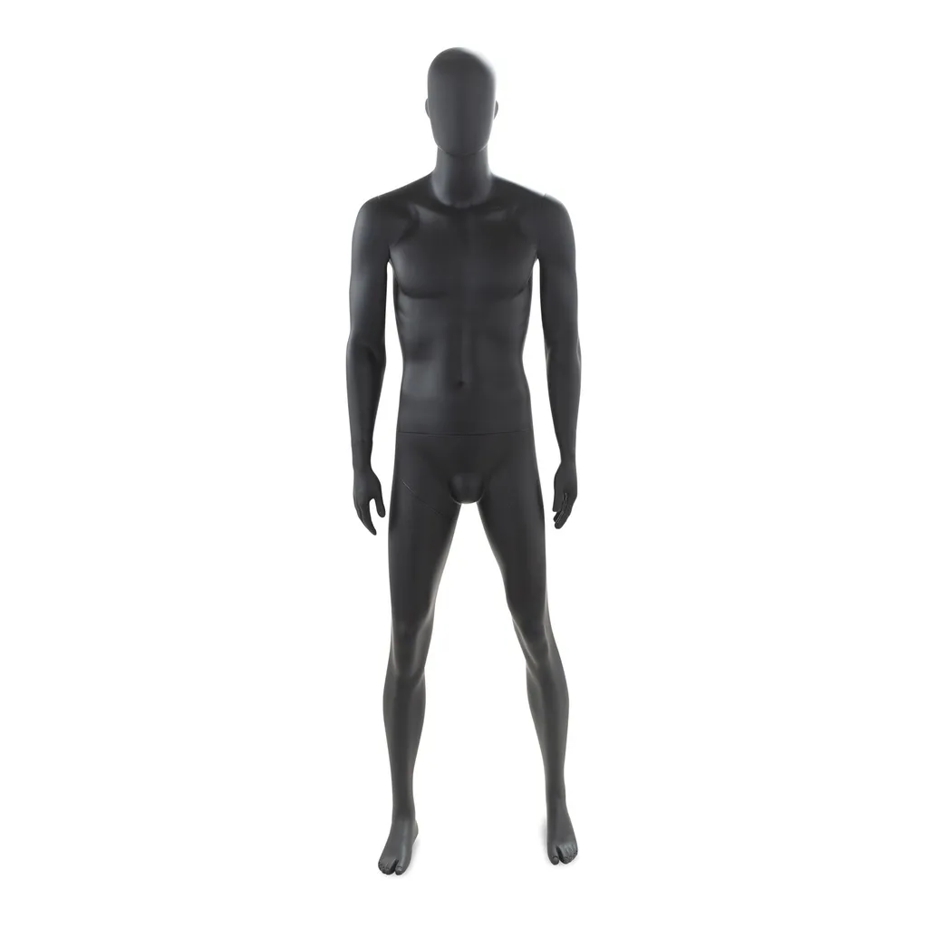 Mannequin de vitrine homme noir, avec tête abstraite, socle rond en verre, pose 24