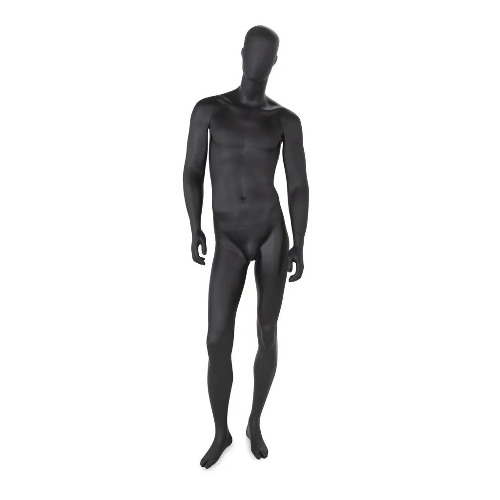 Mannequin de vitrine homme noir, avec tête abstraite, socle rond en verre, pose 30