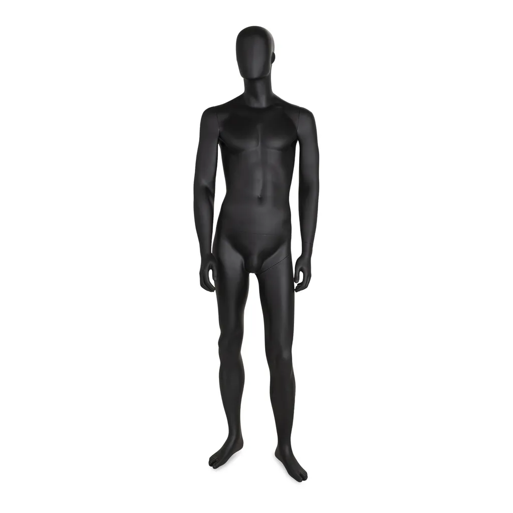 Mannequin de vitrine homme noir, avec tête abstraite, socle rond en verre, pose 31