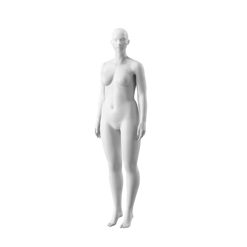 Mannequin grande taille, femme, tête semi-abstraite, taille EU44, blanc mat, pose debout 01