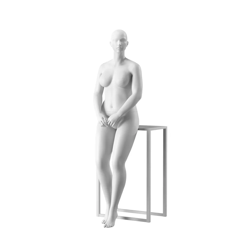 Maniquí mujer talla grande, cabeza semiabstracta, talla 44EU, blanco mate, pose inclinada 02