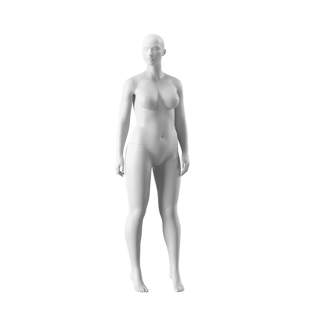 Maniquí mujer talla grande, cabeza semiabstracta, talla 44EU, blanco mate, pose de pie 03