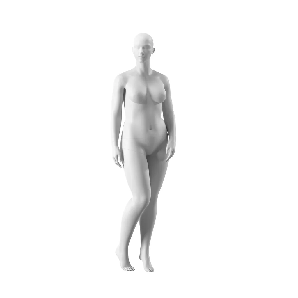 Maniquí mujer talla grande, cabeza semiabstracta, talla 44EU, blanco mate, pose de pie 05