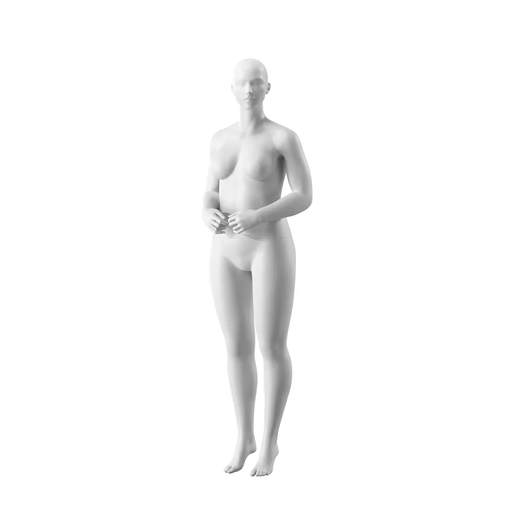 Plus size mannequin, female, semi-abstract head, size EU44, white matt colour, standing pose 08