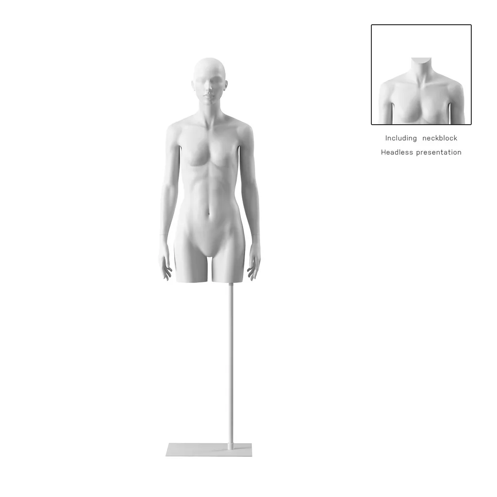 Torse sur socle, avec bras, femme, blanc, tête abstraite, socle long blanc, pose 001