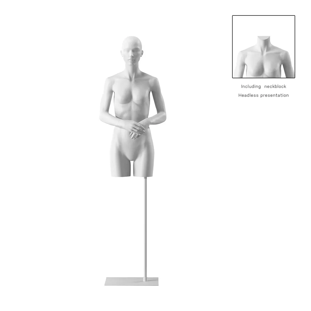 Torse sur socle, avec bras, femme, blanc, tête abstraite, socle long blanc, pose 002