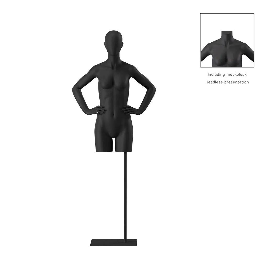 Female torso on stand, abstract head, black, pose 003