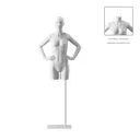 Torse sur socle, avec bras, femme, blanc, tête abstraite, socle long blanc, pose 003