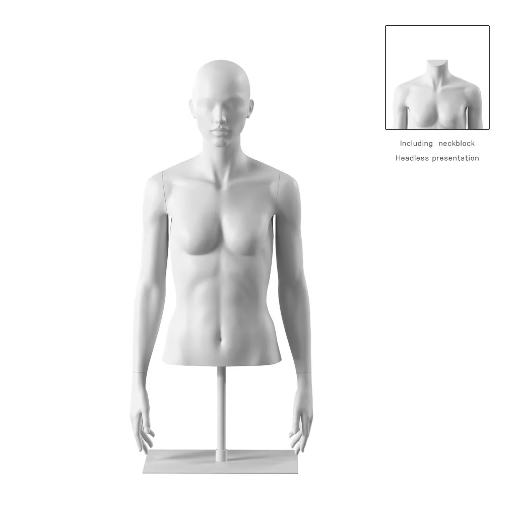 Buste sur socle, avec bras, femme, blanc, tête abstraite, socle long blanc, pose 051