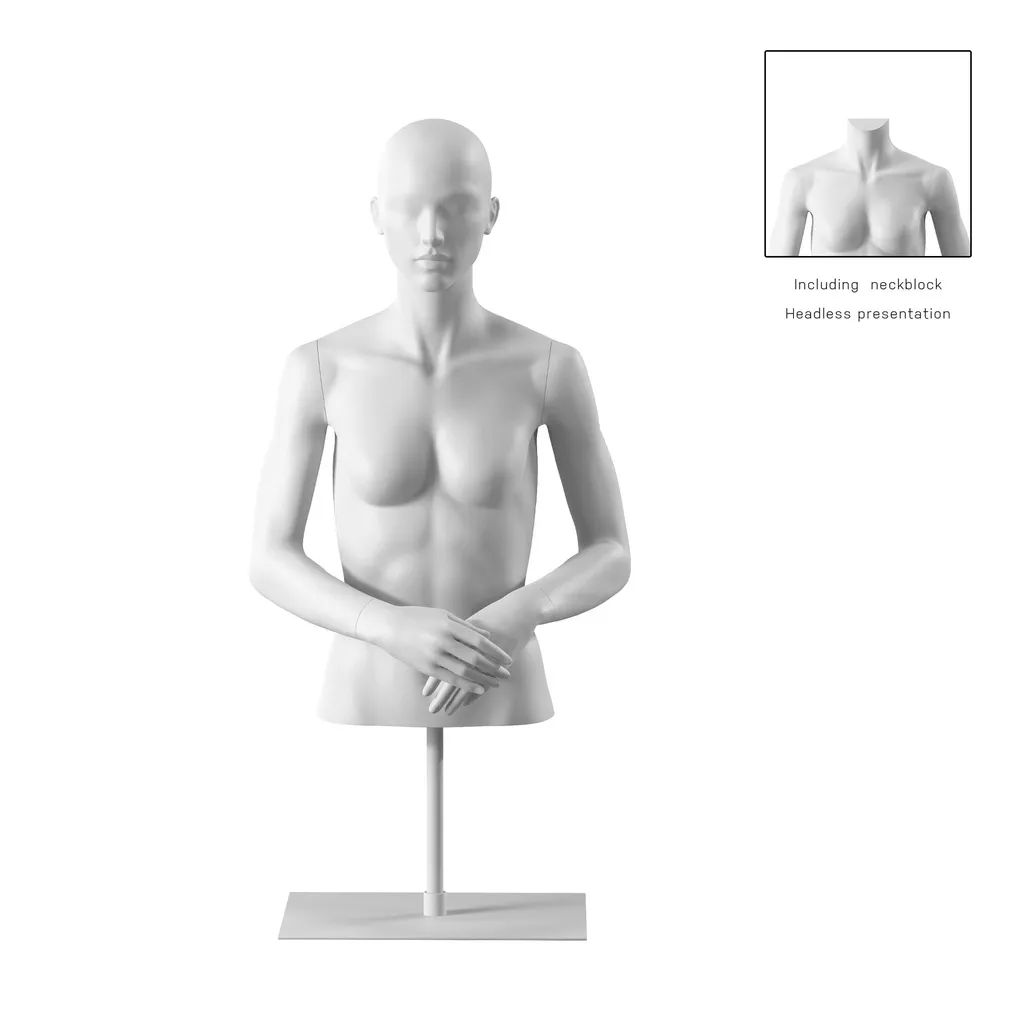 Buste sur socle, avec bras, femme, blanc, tête abstraite, socle long blanc, pose 052