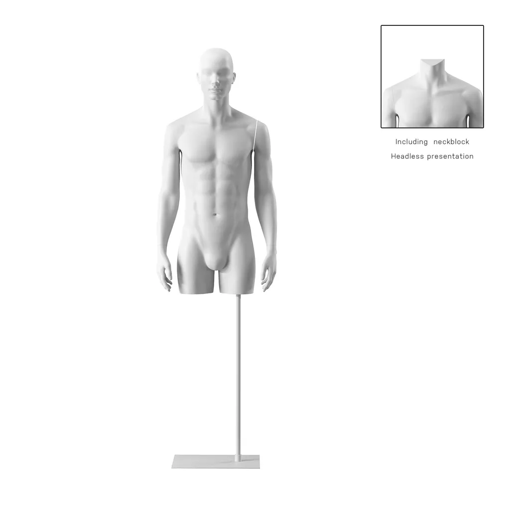 Torse sur socle, avec bras, homme blanc, tête abstraite, socle long blanc, pose 101