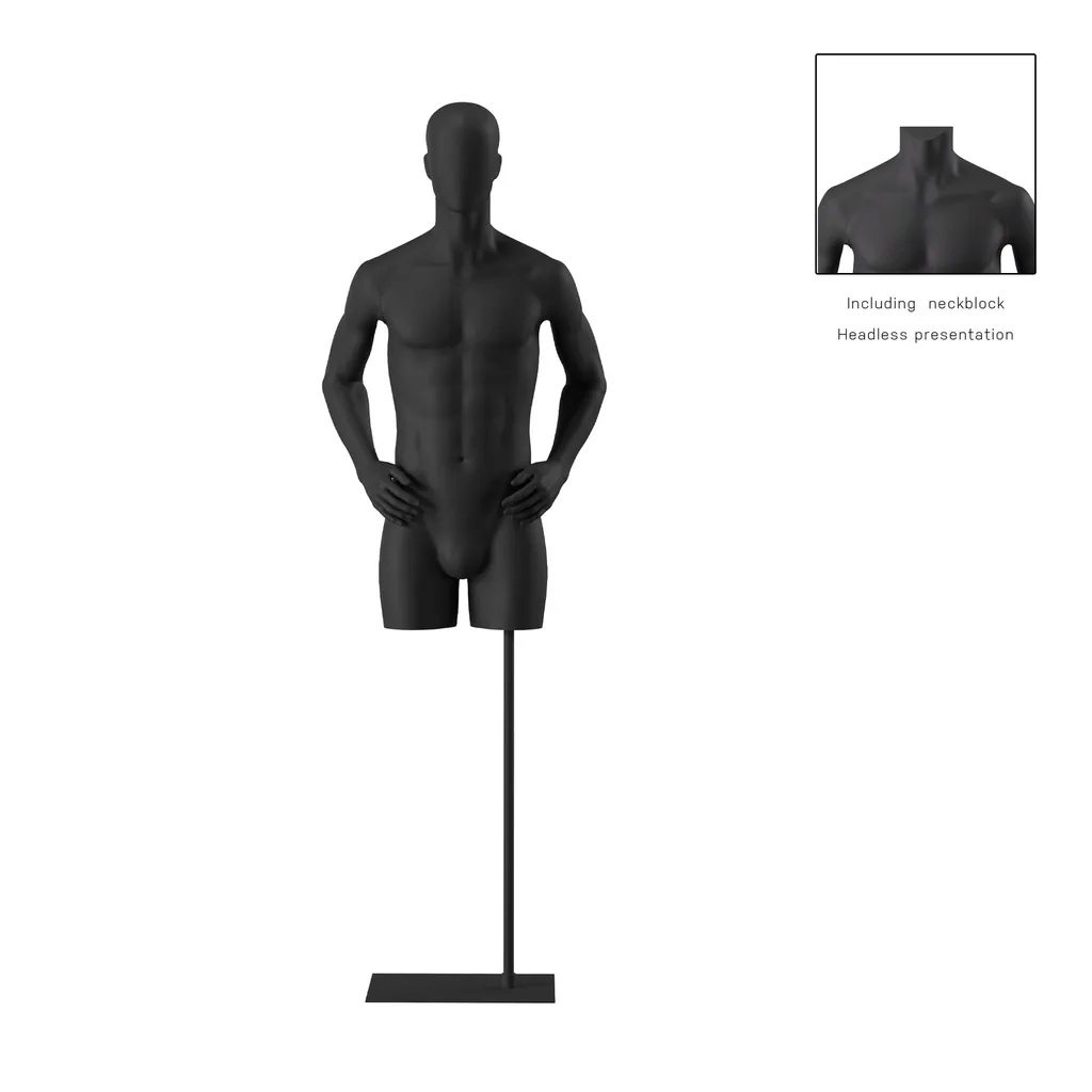 Torse sur socle, avec bras, homme noir tête abstraite, socle long noir, pose 103