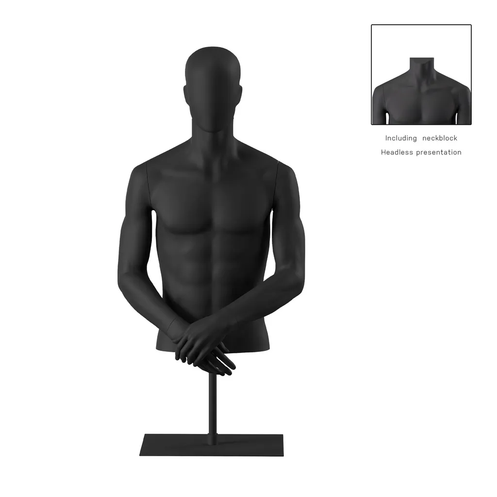 Buste sur socle, avec bras, homme, noir tête abstraite, socle long noir, pose 152