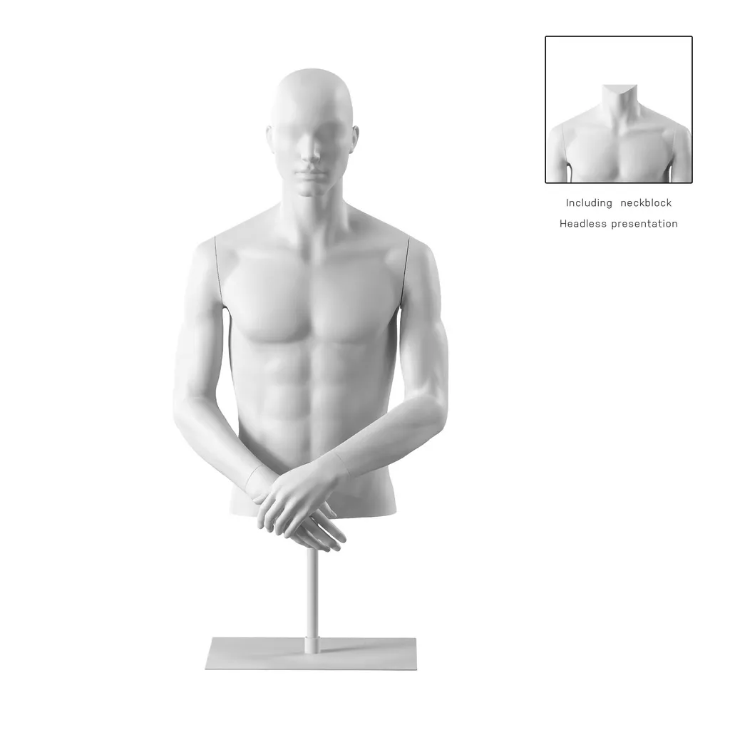 Buste sur socle, avec bras, homme, blanc, tête abstraite, socle long blanc, pose 152