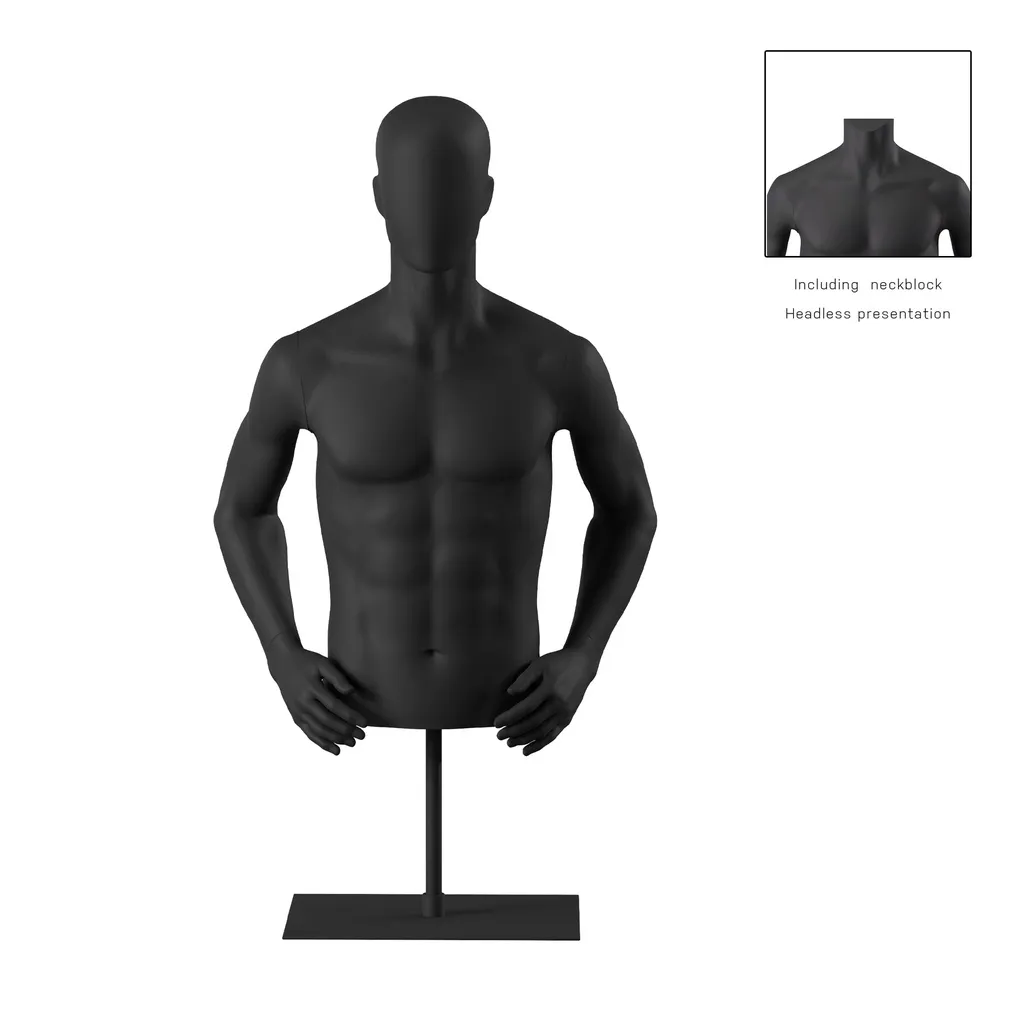 Buste sur socle, avec bras, homme, noir tête abstraite, socle long noir, pose 153