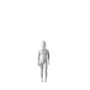 White child mannequin, abstract head with nose and mouth, round glass base, pose 704