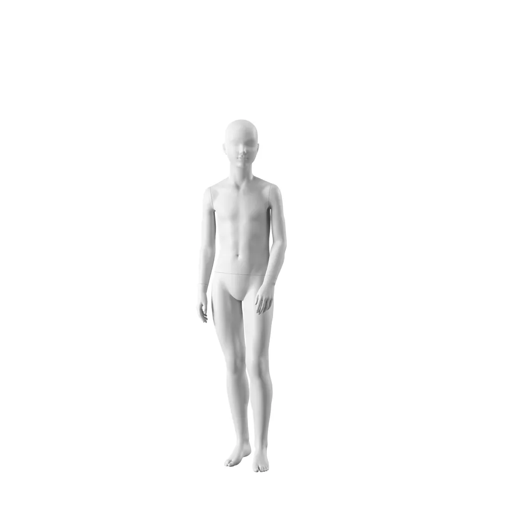 White child mannequin, abstract head with nose and mouth, round glass base, pose 712