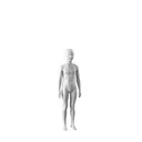 White child mannequin, abstract head with nose and mouth, round glass base, pose 718