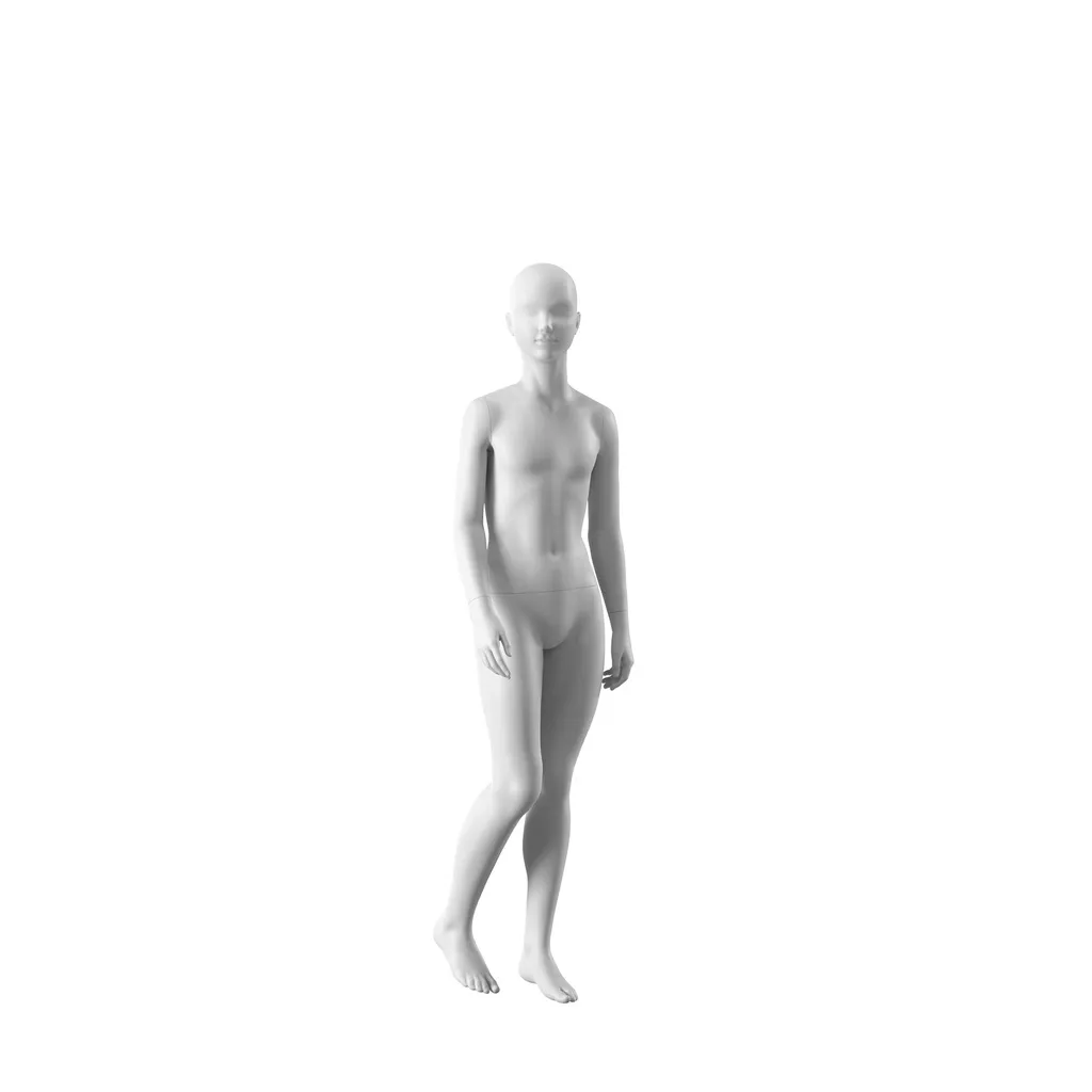 White child mannequin, abstract head with nose and mouth, round glass base, pose 722